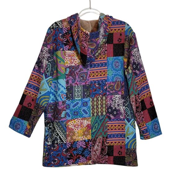 Patchwork Boho Hooded Coat Faux Fur Lined Button Down Mid Length Cozy Size L/XL - Picture 7 of 13